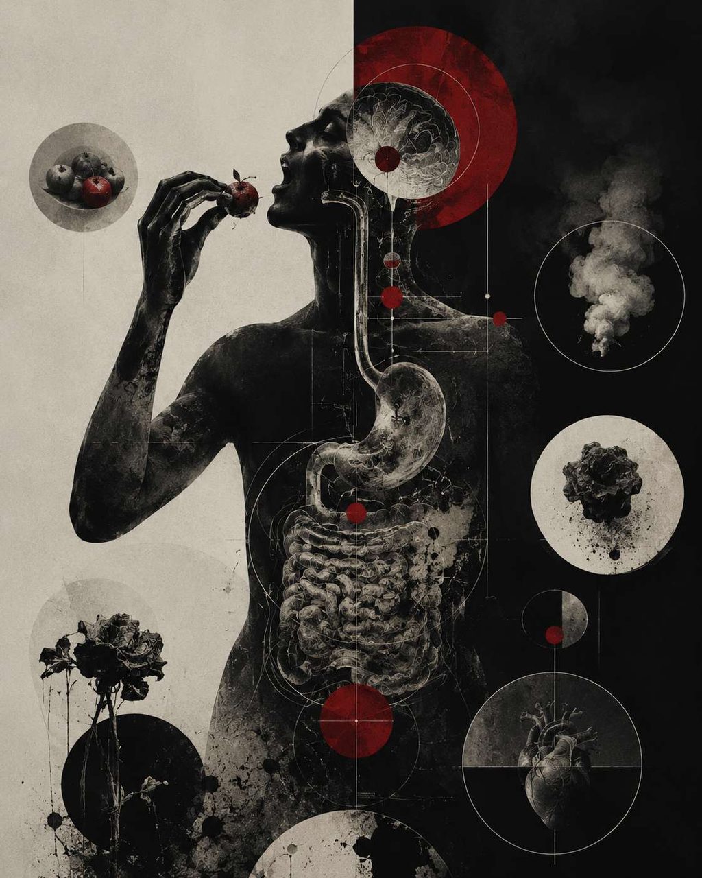 Anatomical collage — a figure dissolving into orbital diagrams and red spheres.