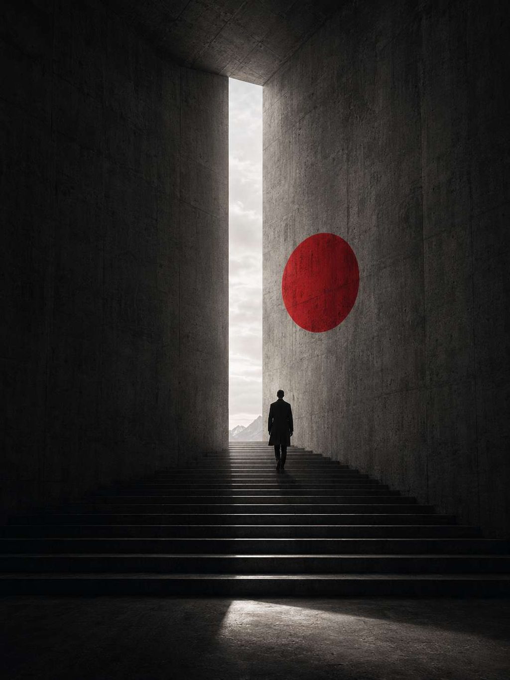 A concrete corridor opening onto a red disc suspended in a bright void.