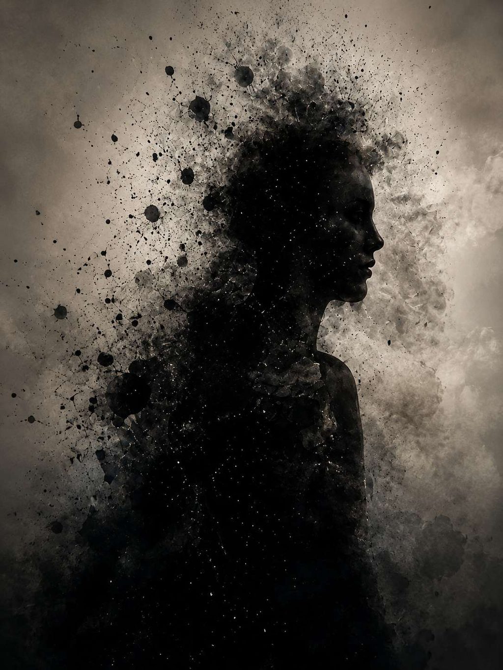 A silhouette breaking apart into a cloud of particles against a bleached ground.