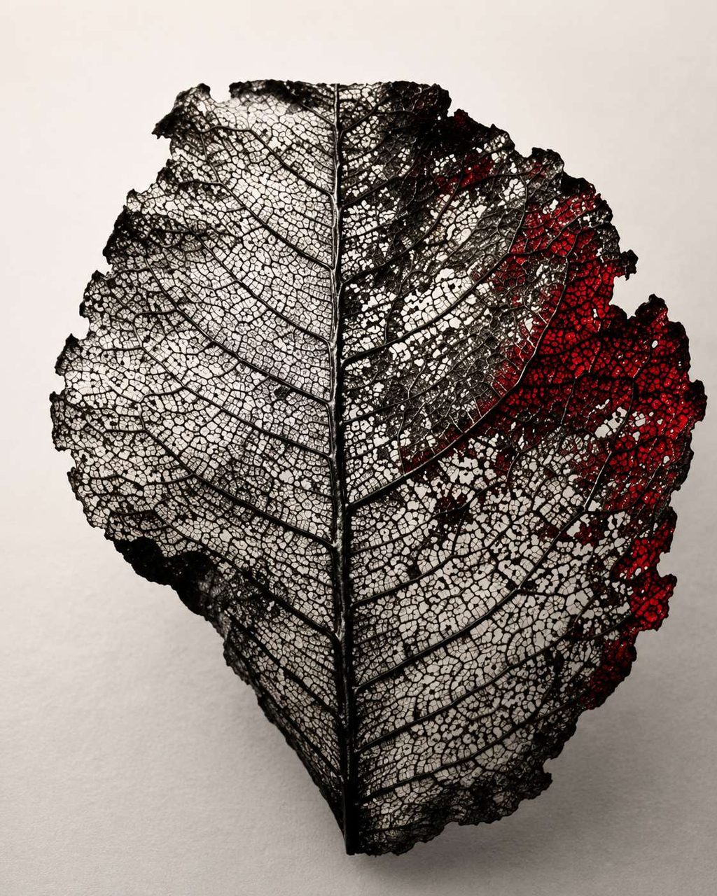 A skeletal leaf, half intact and half burned into red ash, on a pale ground.