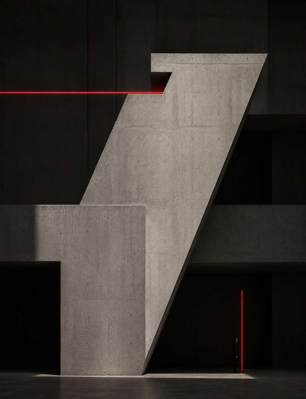 A monumental concrete structure cut by a single horizontal red line.