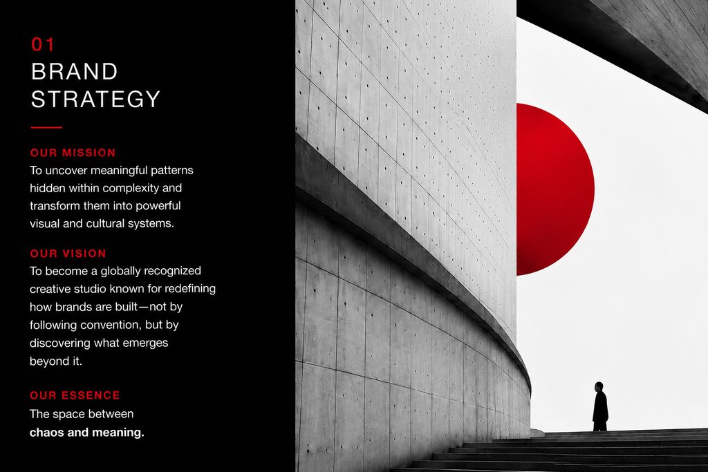 Brand strategy spread — mission, vision and essence set against a curved concrete interior with a red disc.