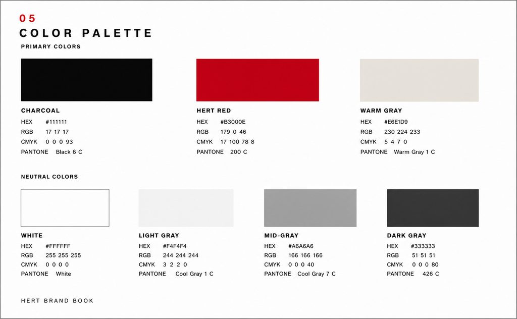 Colour palette spread — Charcoal #111111, Hert Red #B3000E, white and neutral grays with Pantone references.