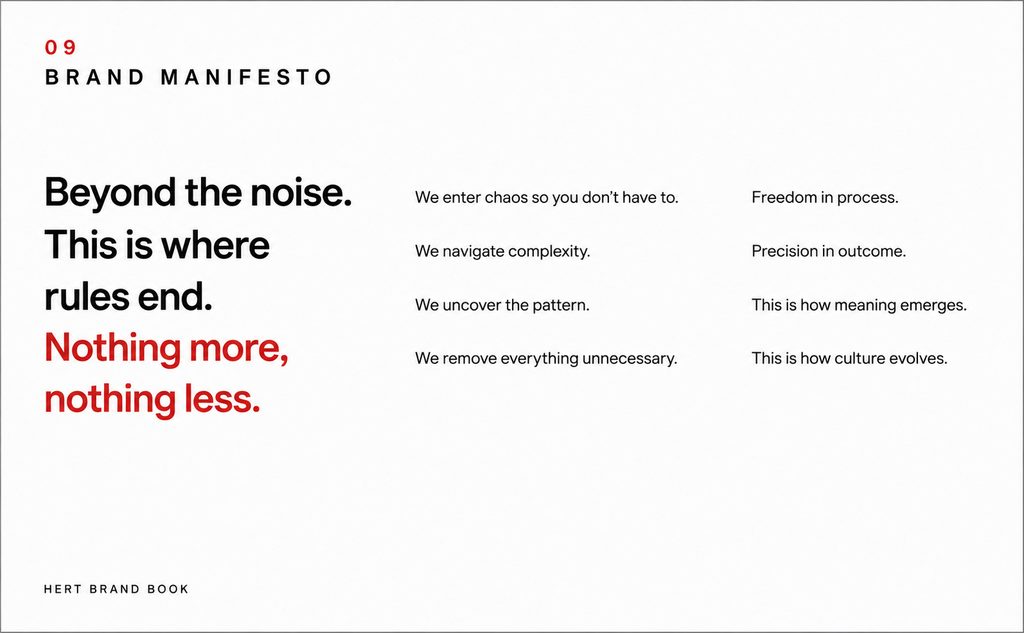 Brand manifesto spread — Beyond the noise. This is where rules end. Nothing more, nothing less.