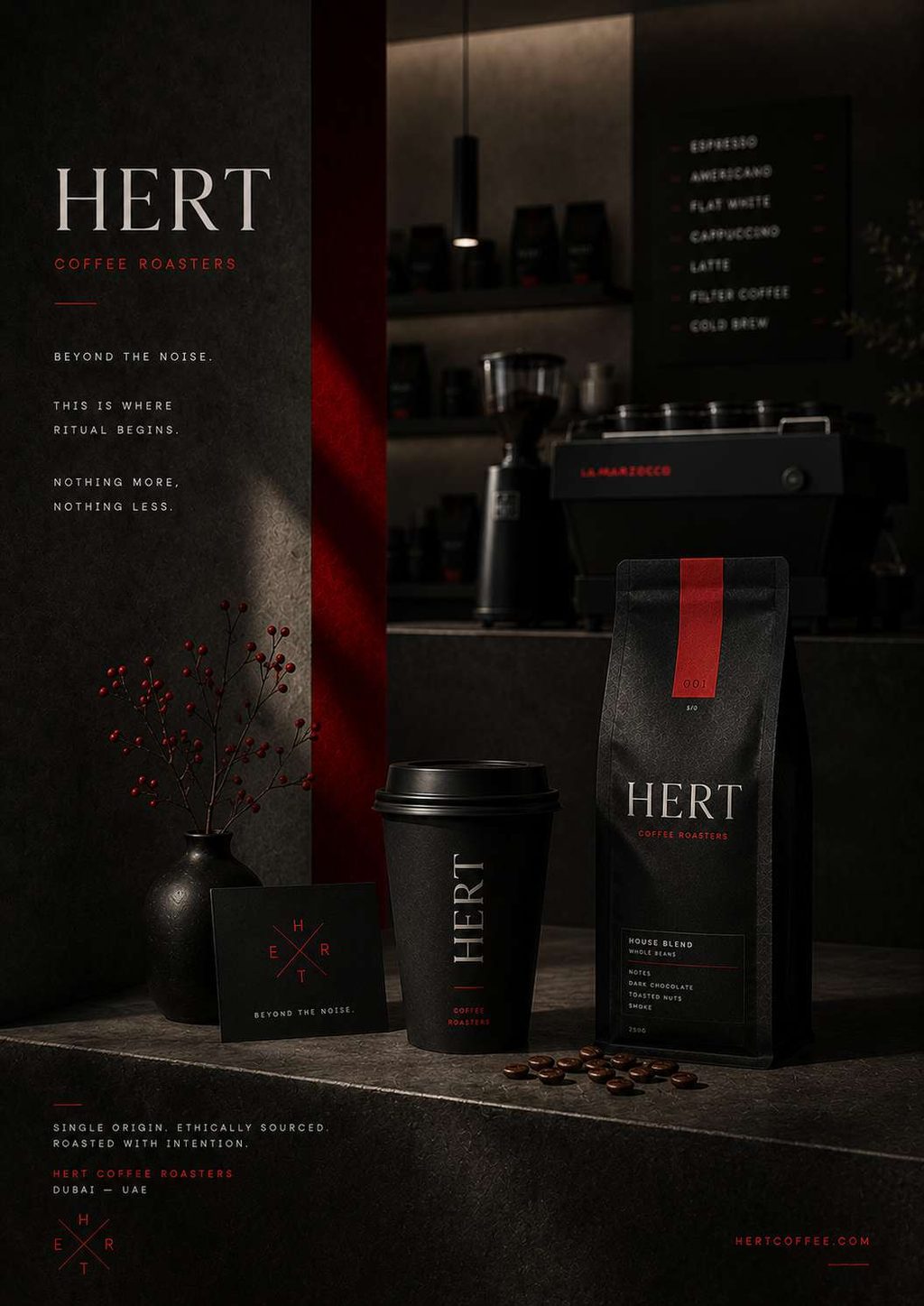 Hert Coffee Roasters — A speciality coffee identity built on ritual rather than novelty — black, restrained, and interrupted once by red.