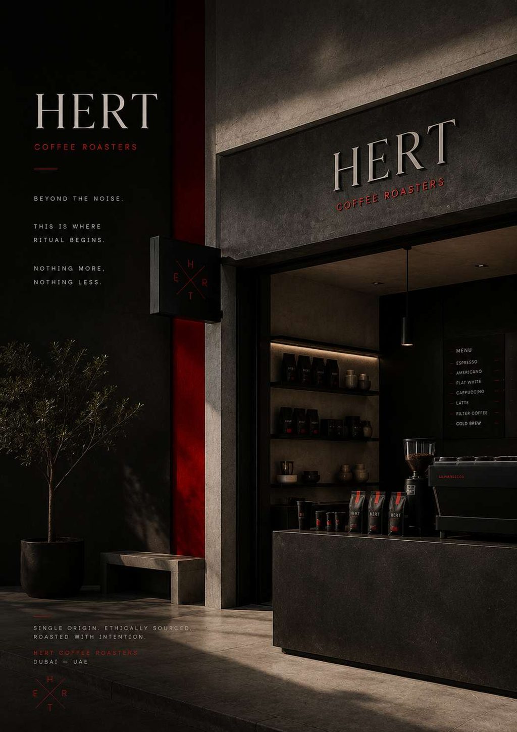 Hert Coffee Roasters storefront at dusk — concrete facade, projecting blade sign, warm shelf lighting inside.