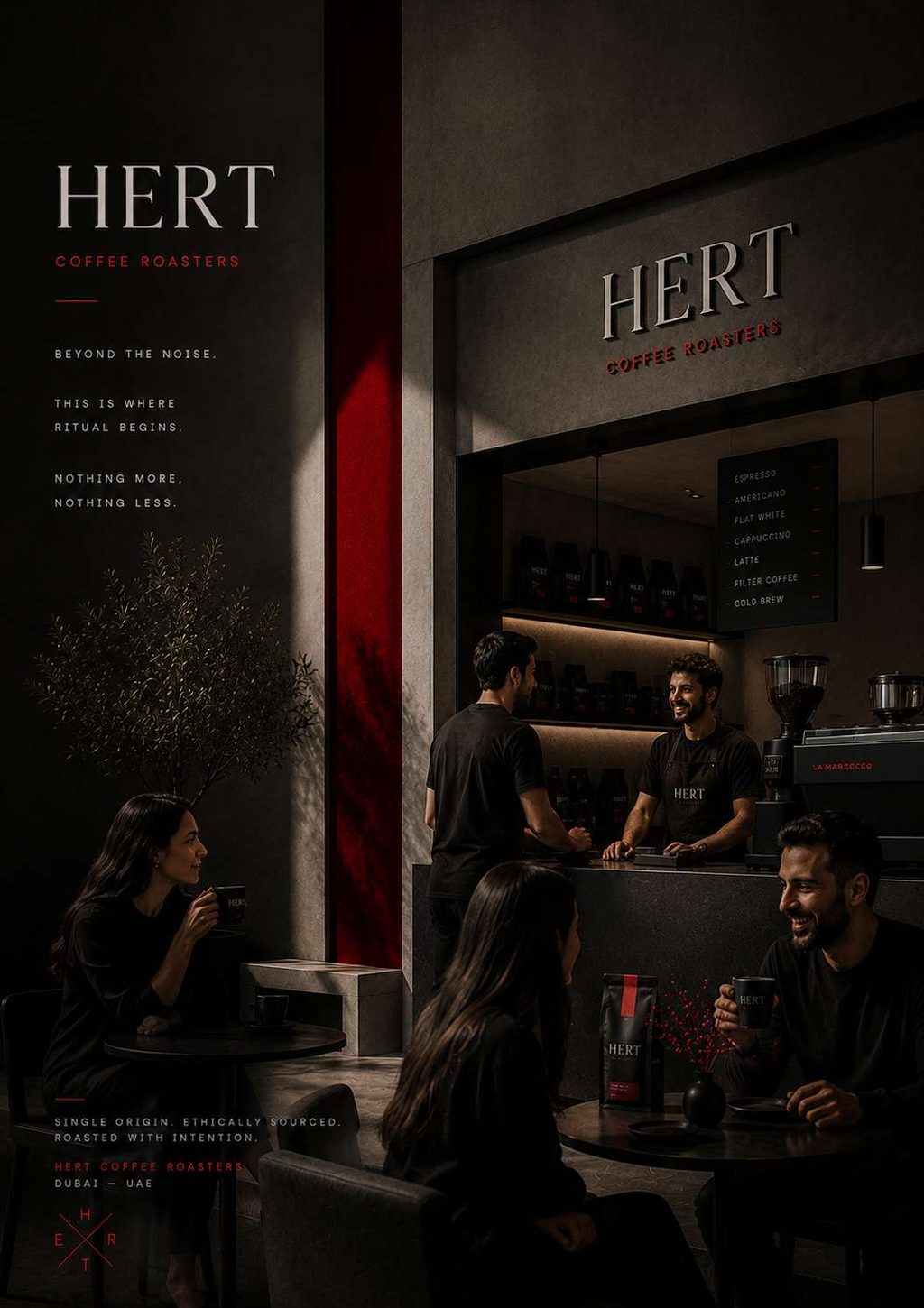 Customers seated in the café interior, staff at the counter, red wall plane behind.