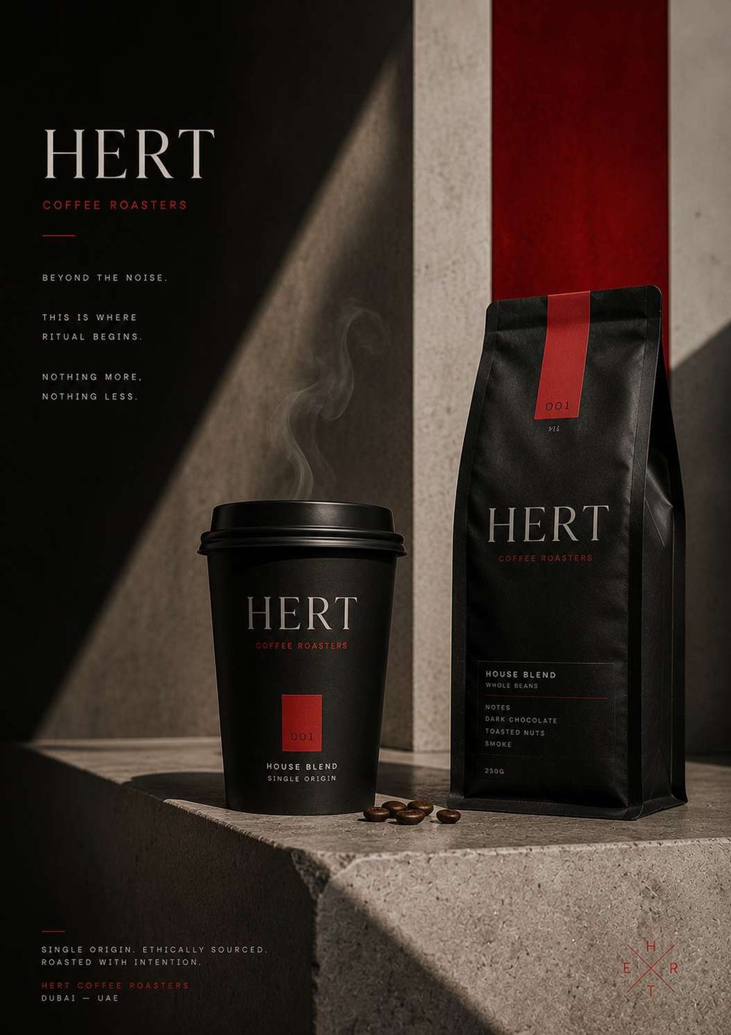 A speciality coffee identity built on ritual rather than novelty — black, restrained, and interrupted once by red.
