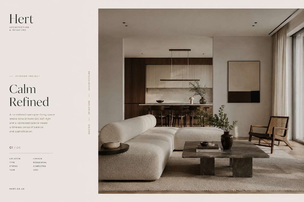 Portfolio spread — Calm Refined, a residential living room with pale seating and a stone table.