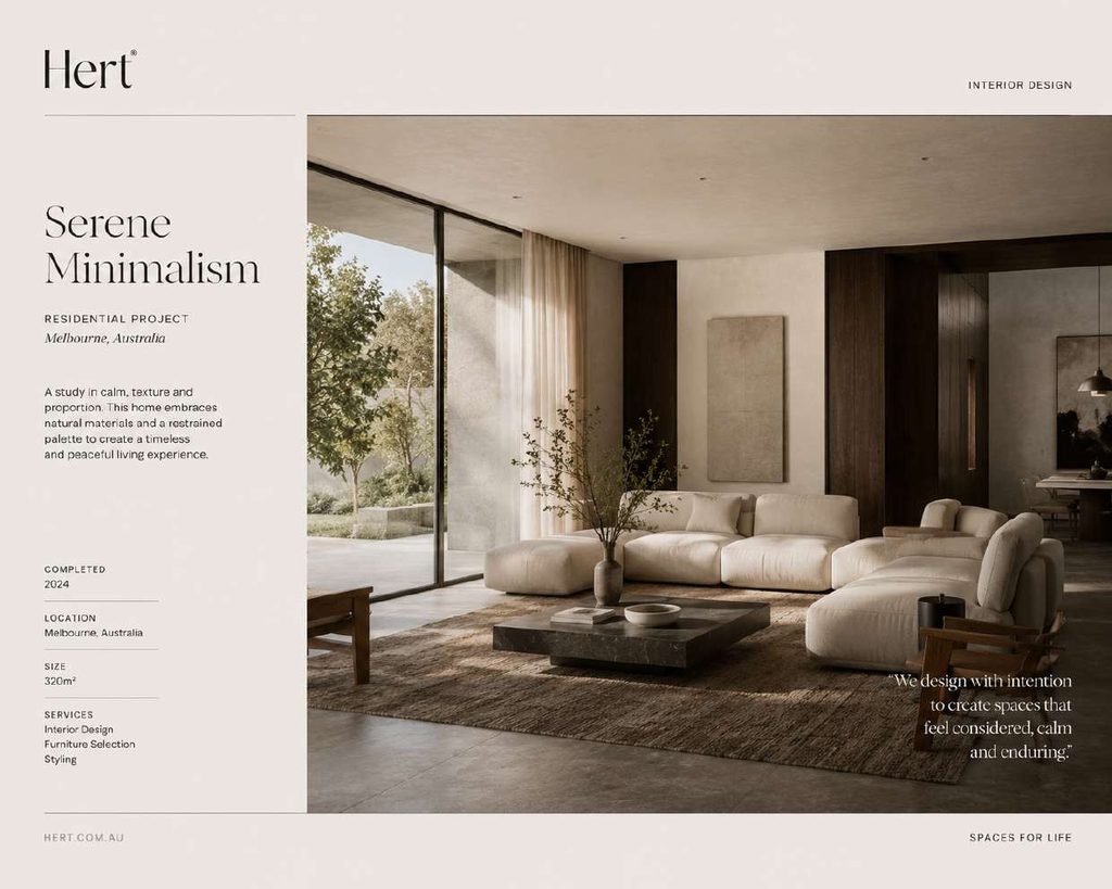 Portfolio spread — Serene Minimalism, a Melbourne living space opening to a garden.