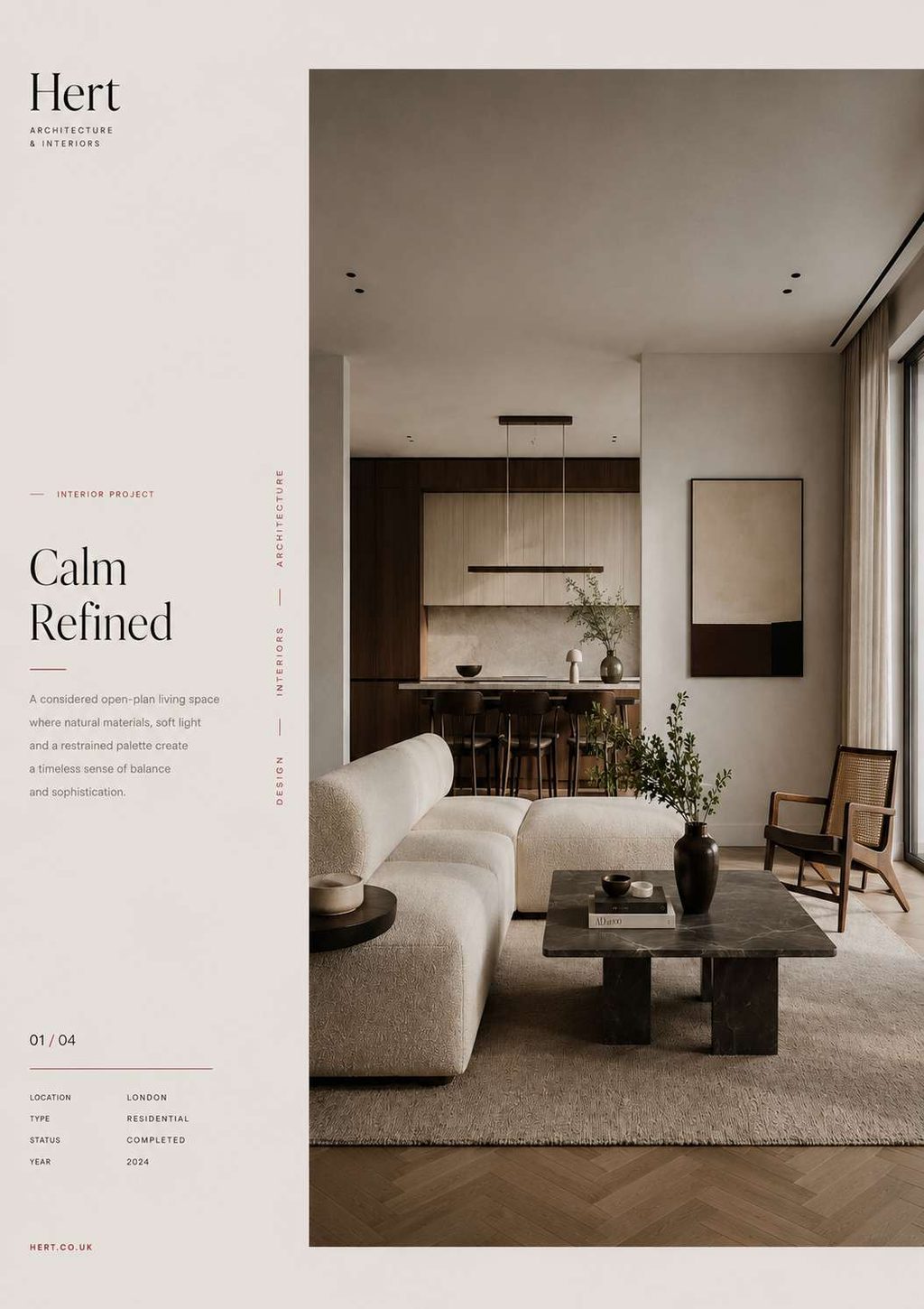 Vertical project sheet — Calm Refined, with side-set rotated metadata and a full-height interior photograph.