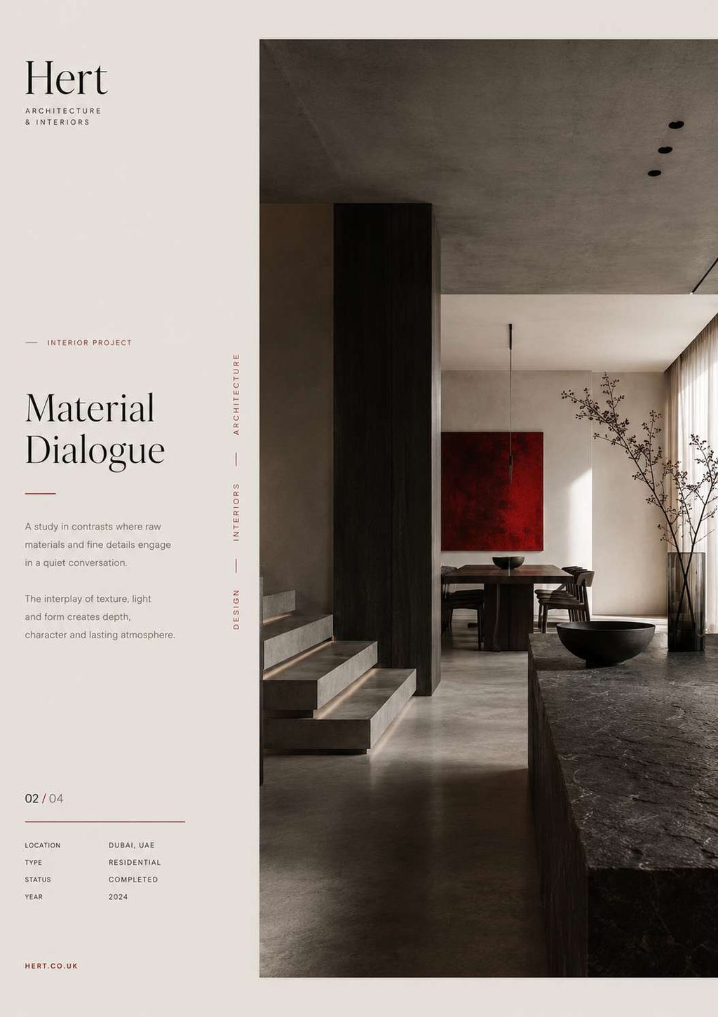 A quieter identity and publication system for an interiors practice — warm paper, thin rules, one red object per room.