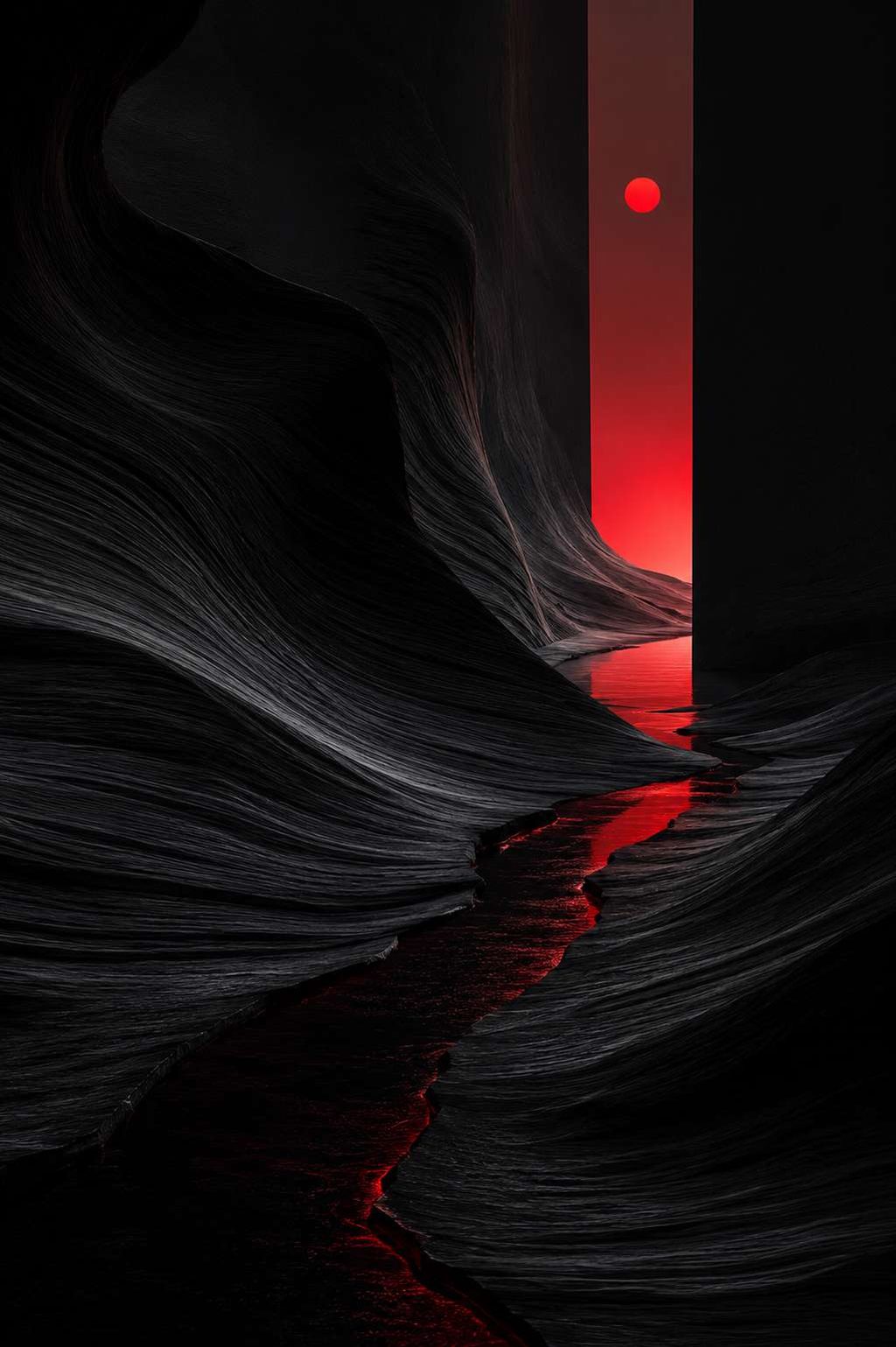 A dark canyon of layered stone with a vertical shaft of red light at its centre.
