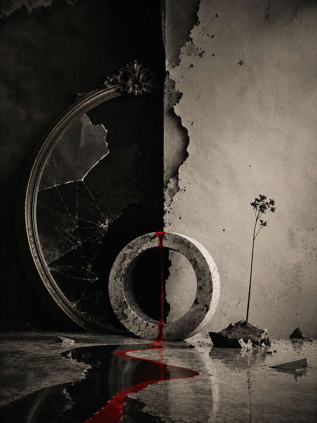 A broken concrete ring and a shattered mirror in a flooded room, one red line running between them.