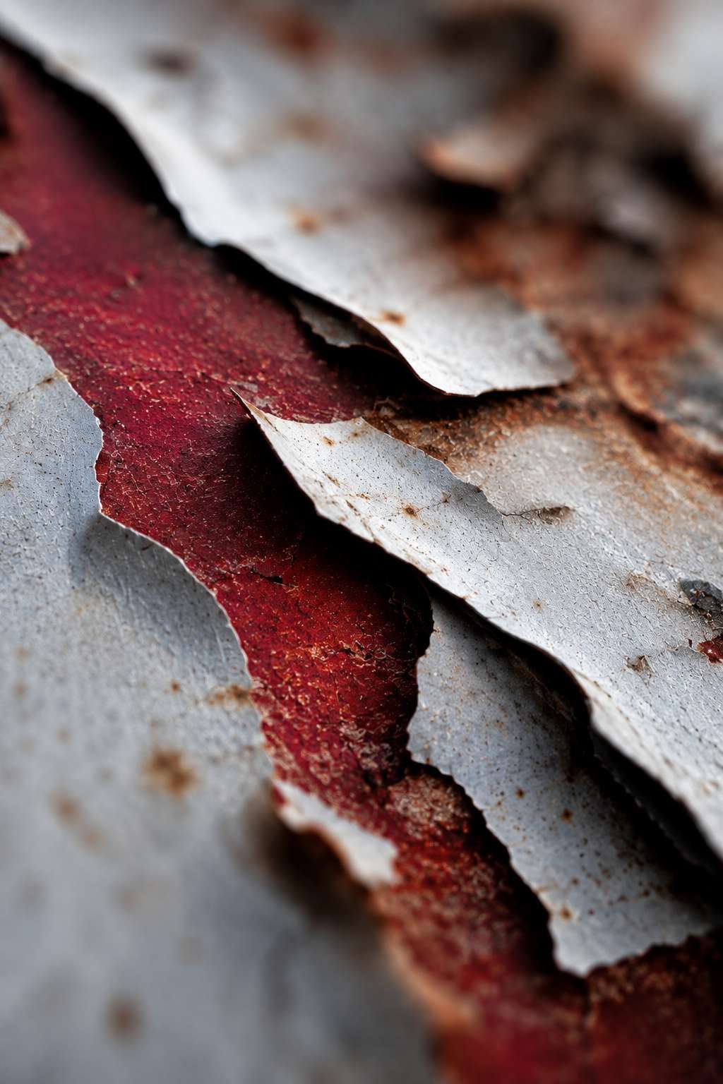 Paint peeling from rusted steel, exposing deep red beneath.