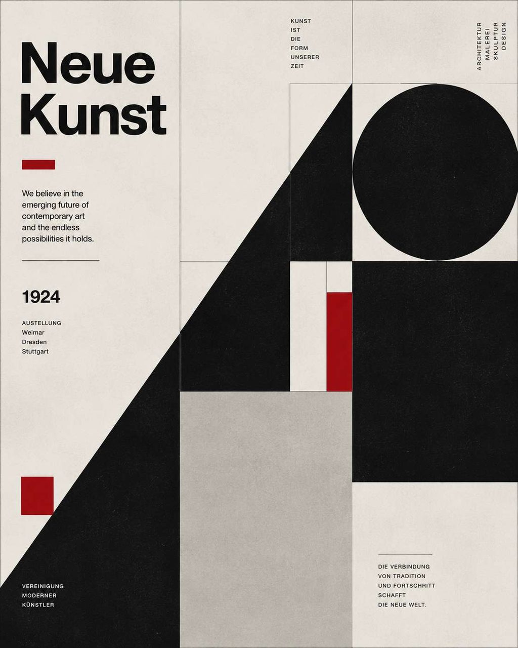 Neue Kunst poster — heavy grotesk title, black circle and triangle, one red square.
