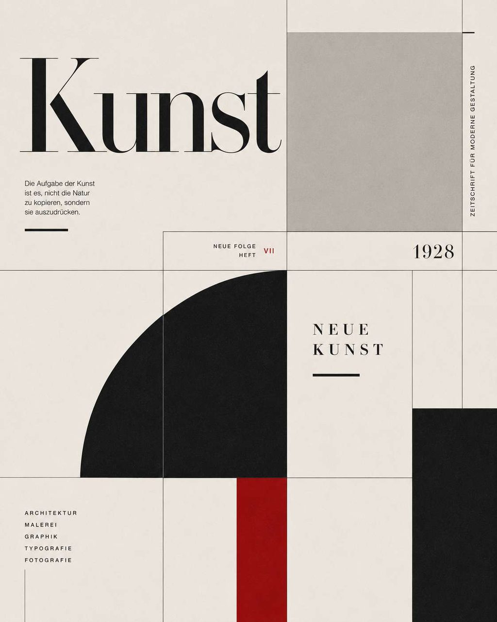 Kunst poster — high-contrast didone title, quarter circle and a red vertical band.