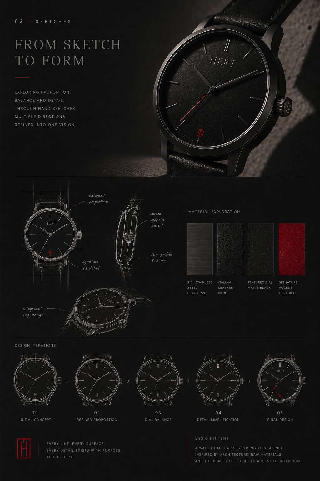 From sketch to form — technical drawings, case profiles and dial iterations for the Hert watch.
