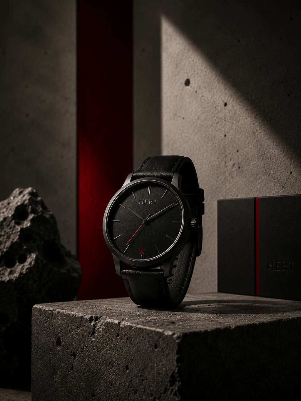 A three-part product world — timepiece, fragrance and leather goods — held together by one material logic.