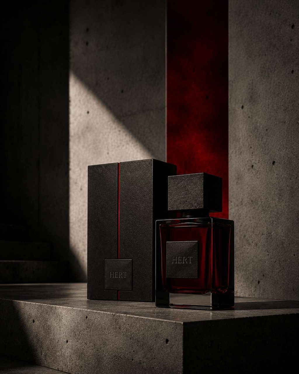 Watch and packaging box staged together on concrete with a red vertical plane.