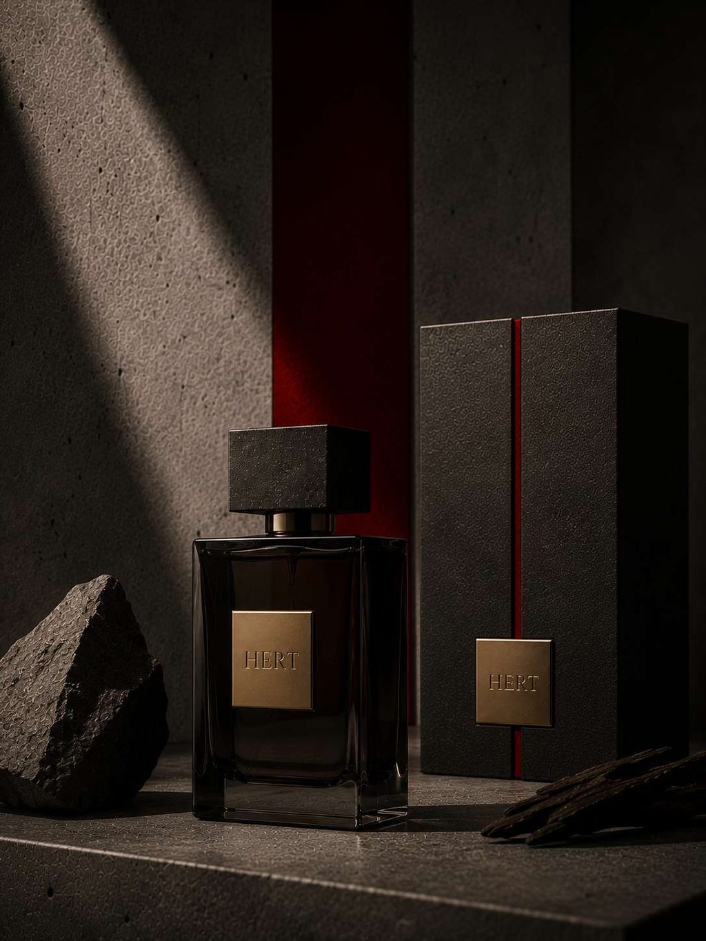 Fragrance bottle and outer carton on a concrete ledge in raking light.