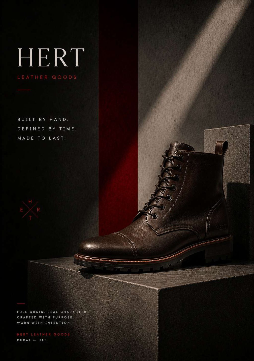 Full-grain leather boot on a concrete step, campaign typography set to the left on black.