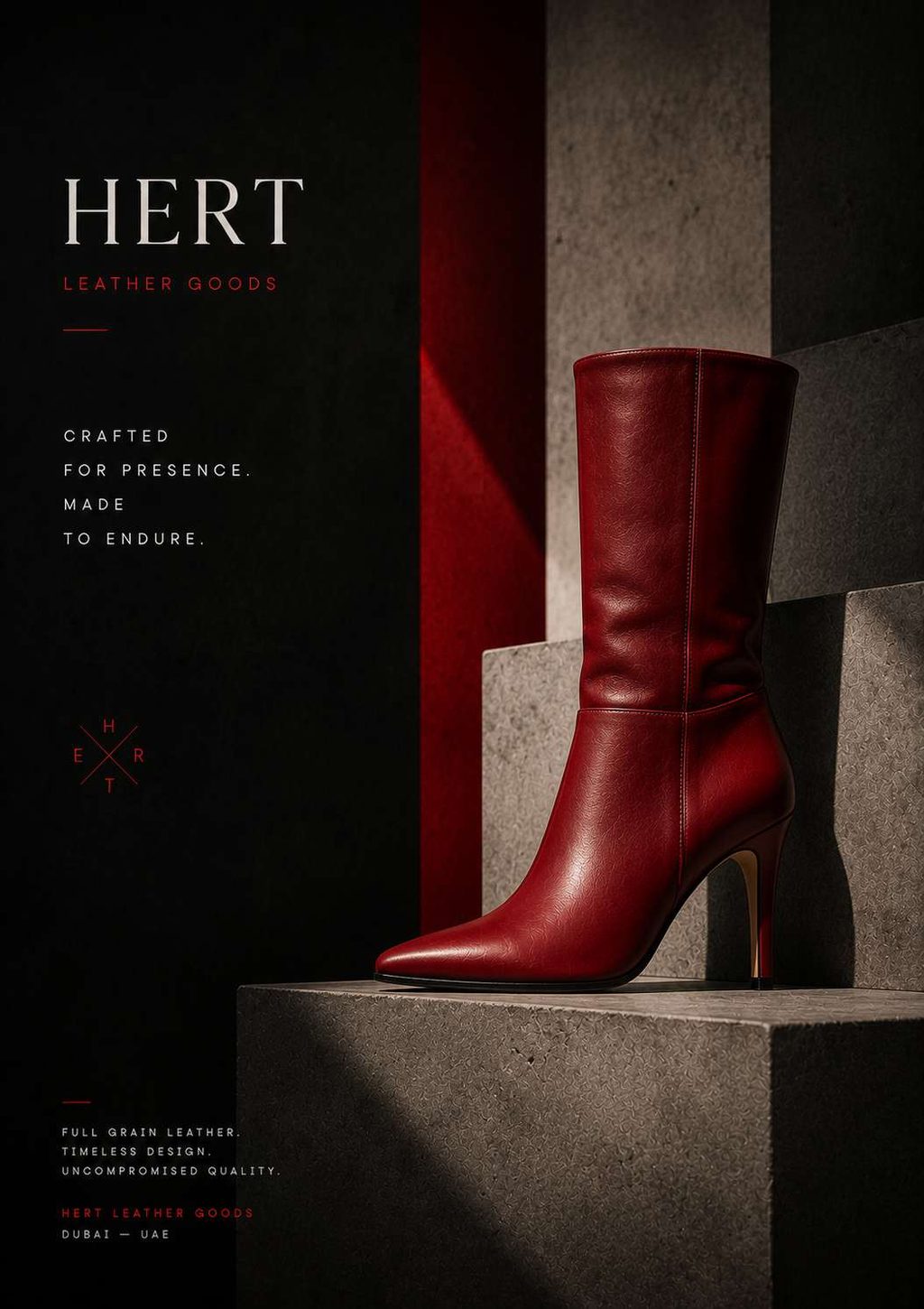 Red leather heeled boot on a concrete block against a black wall.