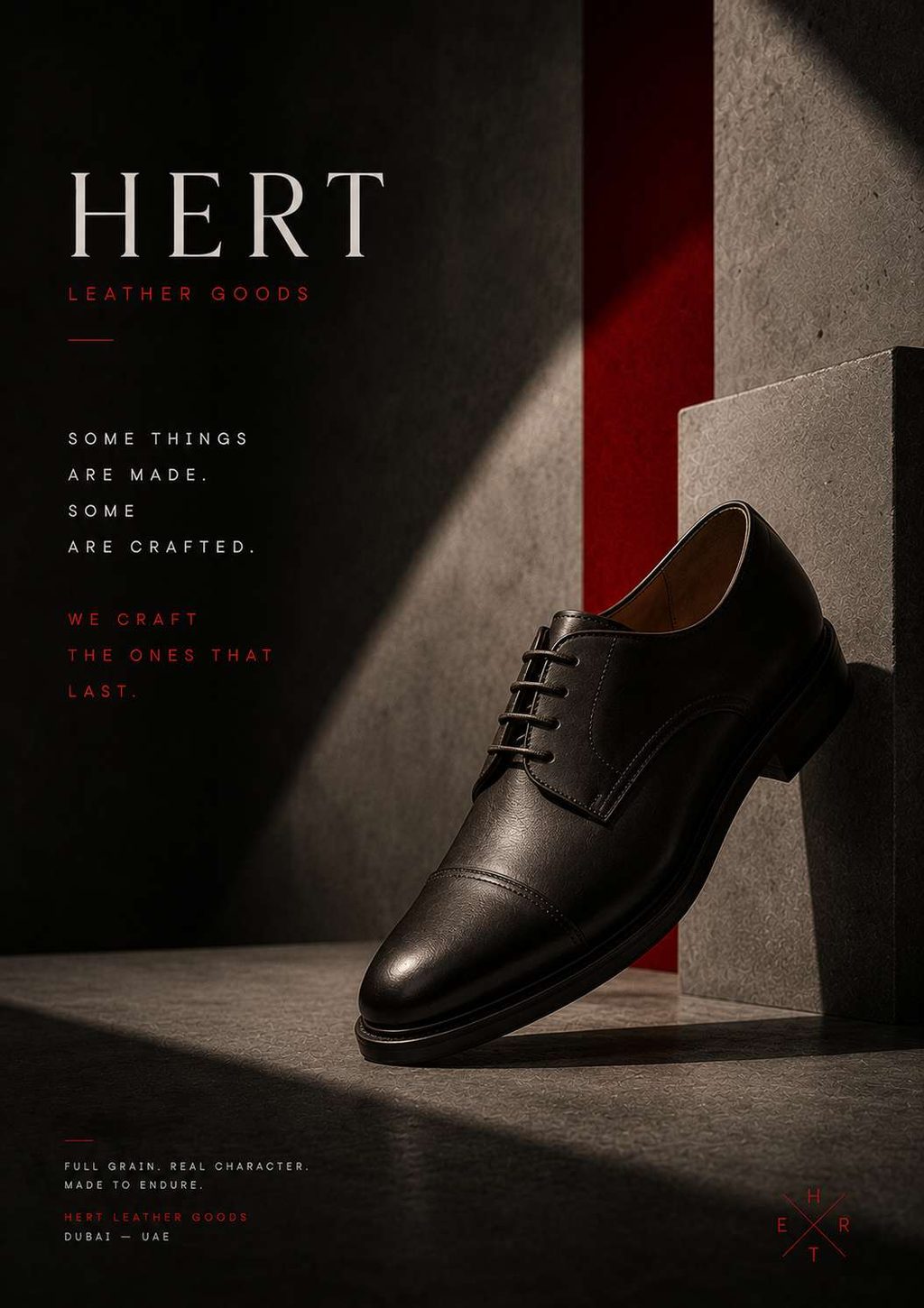 Leather derby shoe resting against a concrete edge in a shaft of daylight.